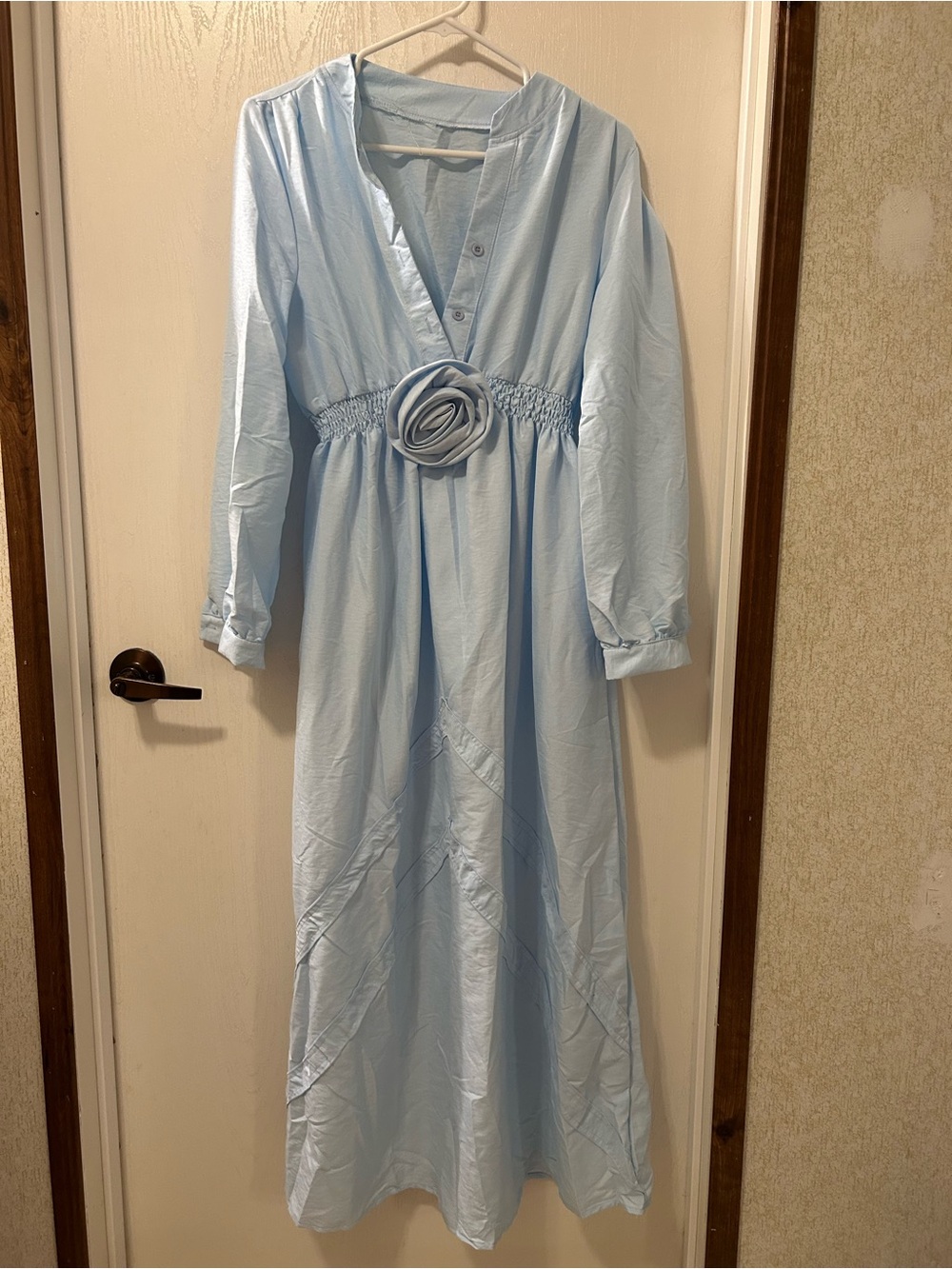 Light Blue Long Sleeve Maxi Dress with Rosette Waist